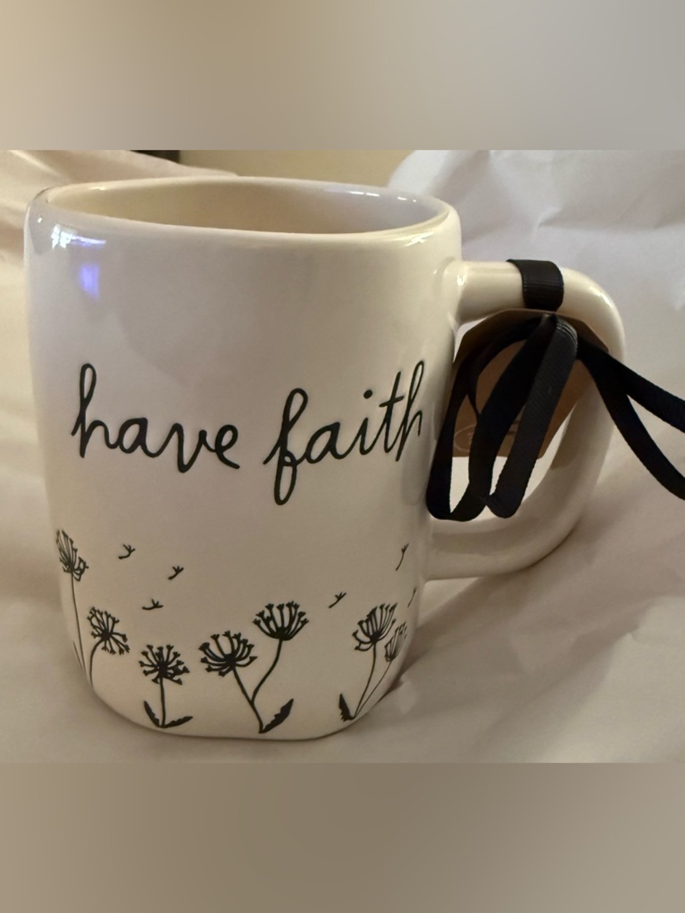Rae Dunn "have faith" White Ceramic Mug with Black Script and Floral Design